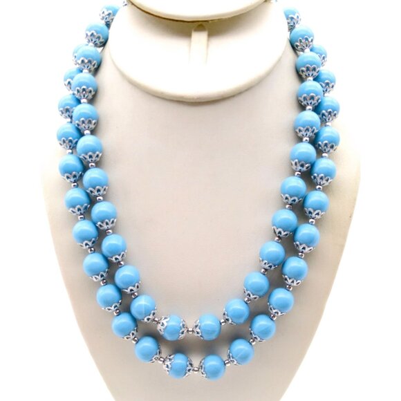 Japan Jewelry - Vintage Japan Sky Blue Necklace, Double Strand Lucite Beaded with Filigree